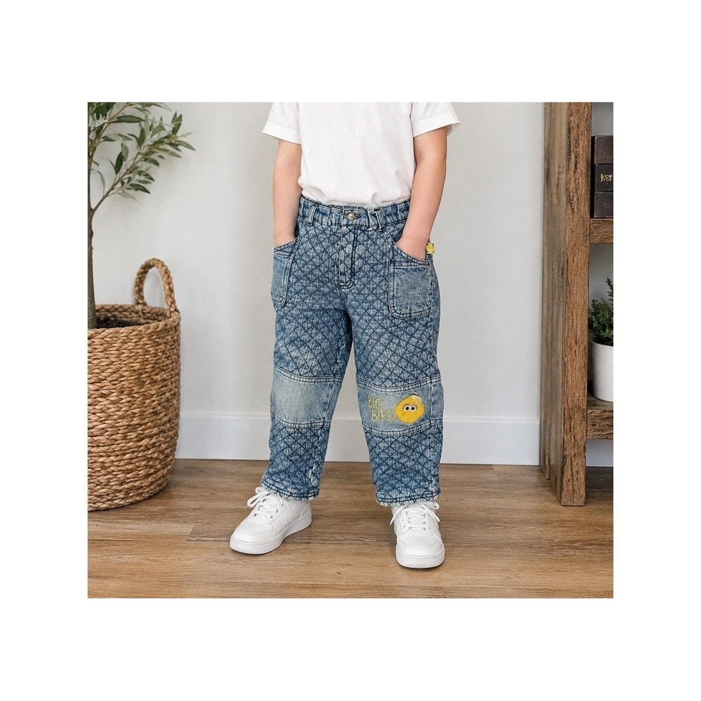 Vintage 90s‎ Sesame Street Big Bird Quilted Denim Jeans Toddler 3T Lined Pants